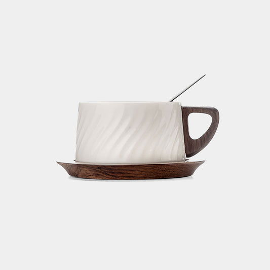 Walnut wood handle and white porcelain coffee cup
